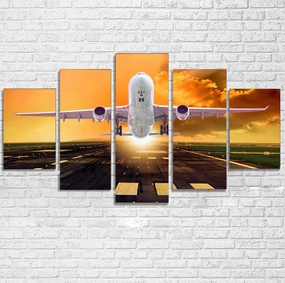 Amazing Departing Aircraft Sunset & Clouds Behind Printed Multiple Canvas Poster canvas mural art