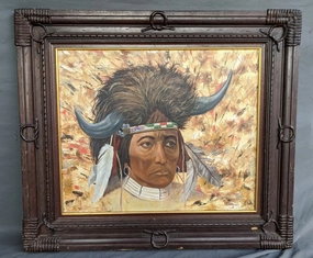 AMERICAN INDIAN HORIZONTAL OIL PAINTING BY B. DRAPER classic mural painting