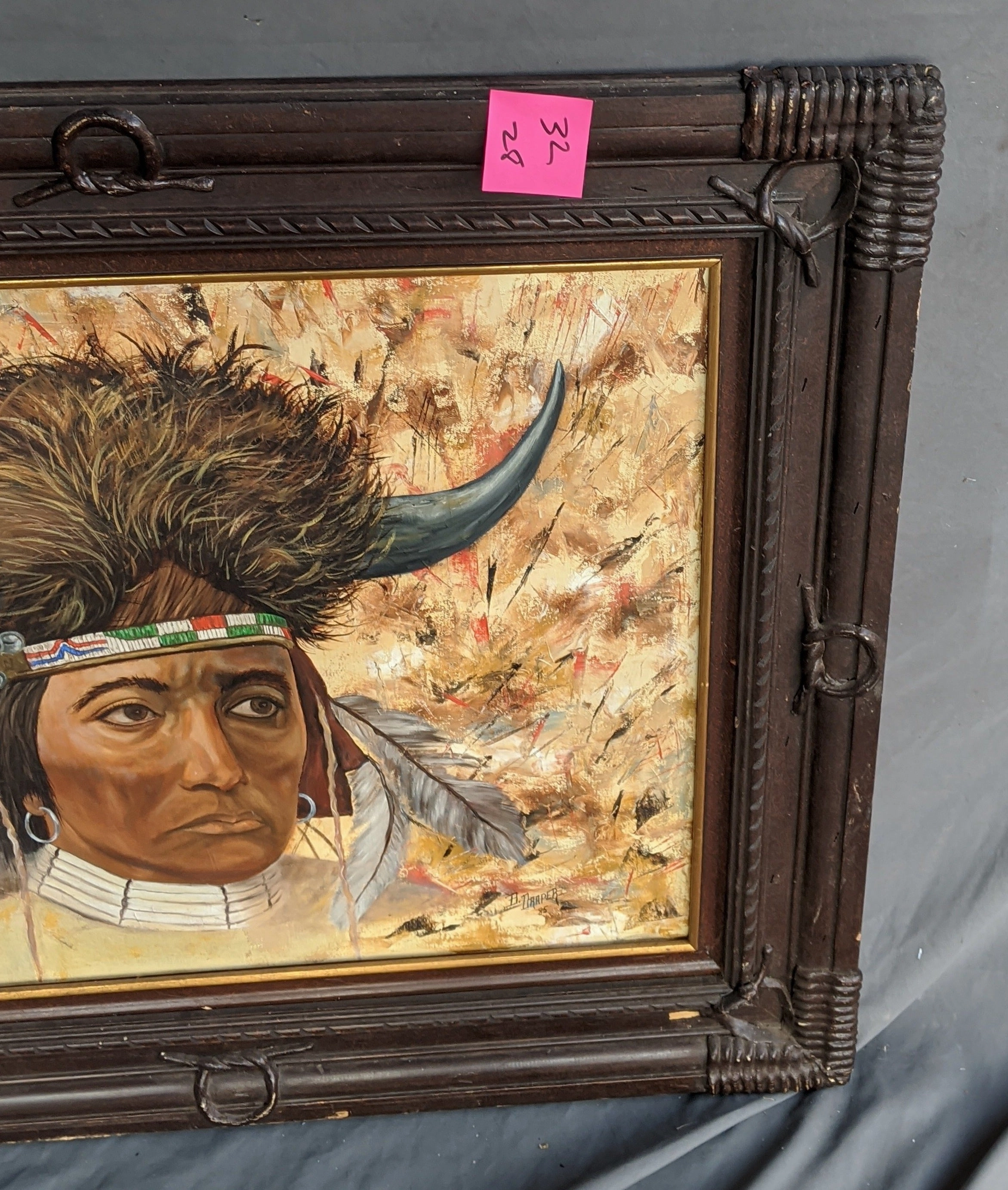 AMERICAN INDIAN HORIZONTAL OIL PAINTING BY B. DRAPER