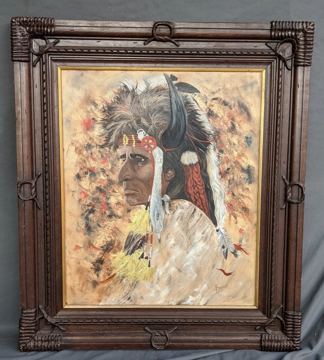 AMERICAN INDIAN VERTICAL OIL PAINTING BY B. DRAPER