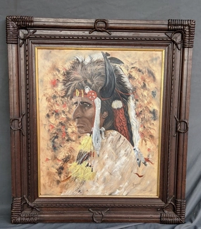 AMERICAN INDIAN VERTICAL OIL PAINTING BY B. DRAPER classic mural painting