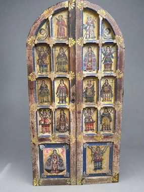 ARCHED MULLIONED WINDOW FRAME WITH INDIVIDUAL PAINTINGS OF SAINTS classic mural painting