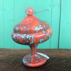 ART GLASS ORANGE AND TURQUOISE LIDDED COMPOTE interior room decor
