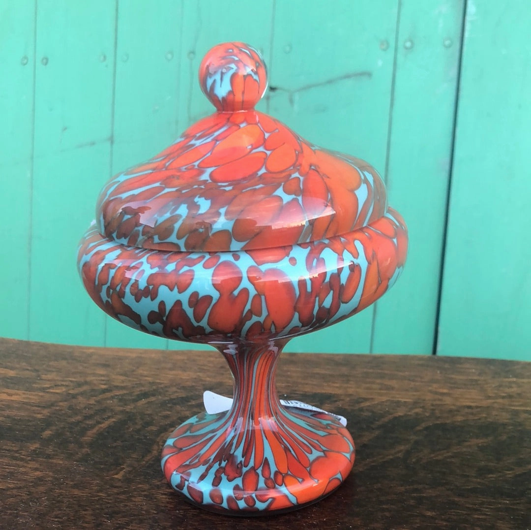 ART GLASS ORANGE AND TURQUOISE LIDDED COMPOTE