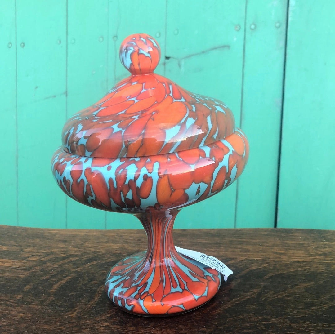 ART GLASS ORANGE AND TURQUOISE LIDDED COMPOTE interior room decor