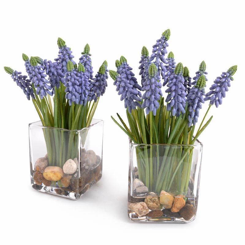 Artificial Grape Hyacinth Plant Arrangement in Glass Cube