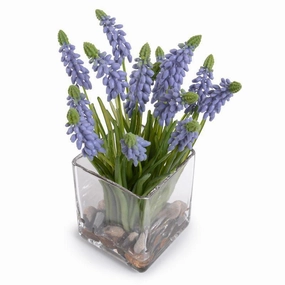 Artificial Grape Hyacinth Plant Arrangement in Glass Cube home display ornament