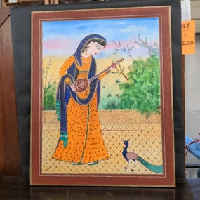 ARTIST SIGNED INDIAN PAINTING OF WOMAN PLAYING INSTRUMENTS classic mural painting