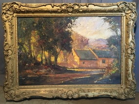 ARTIST SIGNED OIL ON CANVAS PAINTING OF AN OLD FARMHOUSE BY ERROL S. BOYLEX classic mural painting