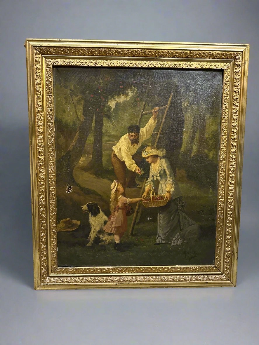 AS FOUND 19TH CENTURY OIL PAINTING OF FAMILY WITH DOG classic mural painting