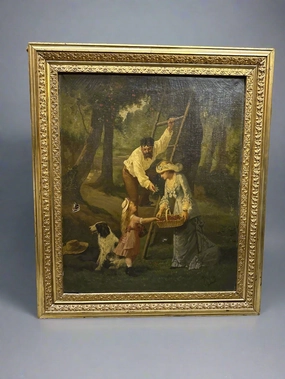 AS FOUND 19TH CENTURY OIL PAINTING OF FAMILY WITH DOG classic mural painting