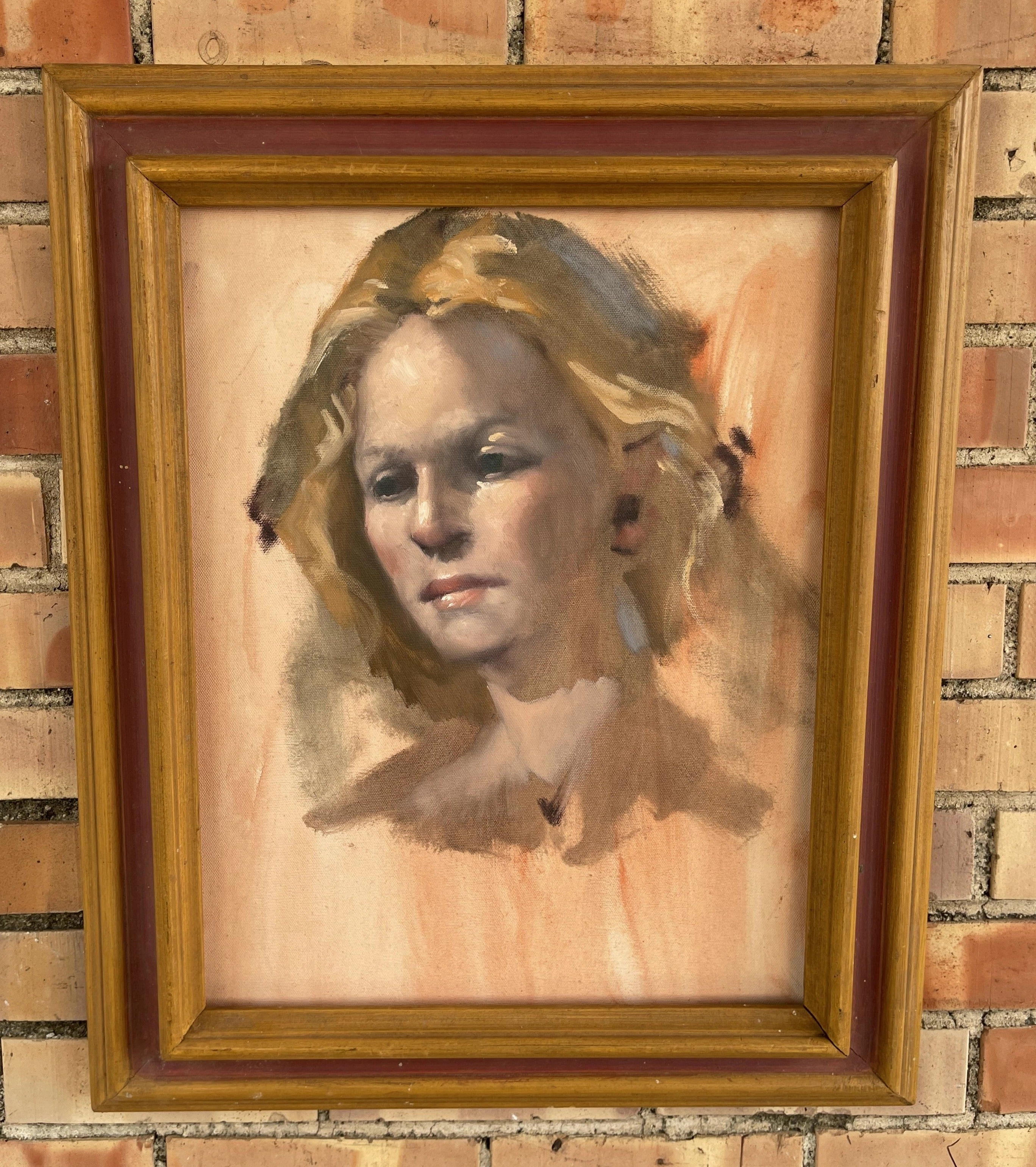 AS FOUND EARLY FRAME WITH 1970'S OIL PAINTING OF A GIRL classic mural painting