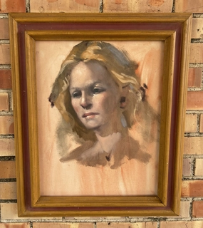 AS FOUND EARLY FRAME WITH 1970'S OIL PAINTING OF A GIRL classic mural painting