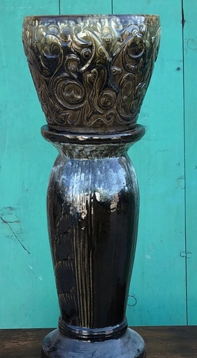 AS FOUND GREEN  POTTERY JARDINIERE AND PEDESTAL AS FOUND interior room decor