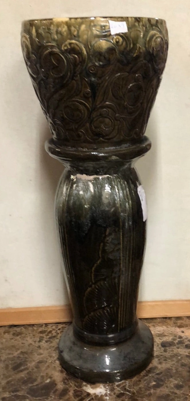AS FOUND GREEN  POTTERY JARDINIERE AND PEDESTAL AS FOUND