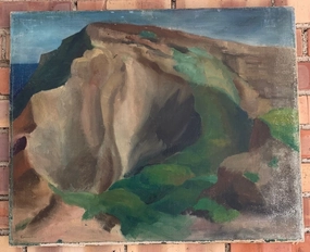 AS FOUND UNFRAMED MOUNTAINS OIL ON CANVAS PAINTING classic mural painting