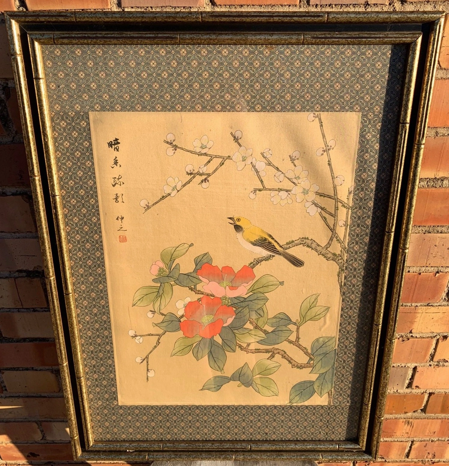 ASIAN BIRD AND FLORAL PAINTING ON SILK classic mural painting