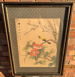 ASIAN BIRD AND FLORAL PAINTING ON SILK classic mural painting