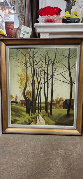 AUTUMN FARM LANDSCAPE OIL PAINTING ON CANVAS AS FOUND classic mural painting