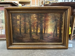 AUTUMN SYLVAN OIL PAINTING AS FOUND IN PERIOD FRAME classic mural painting