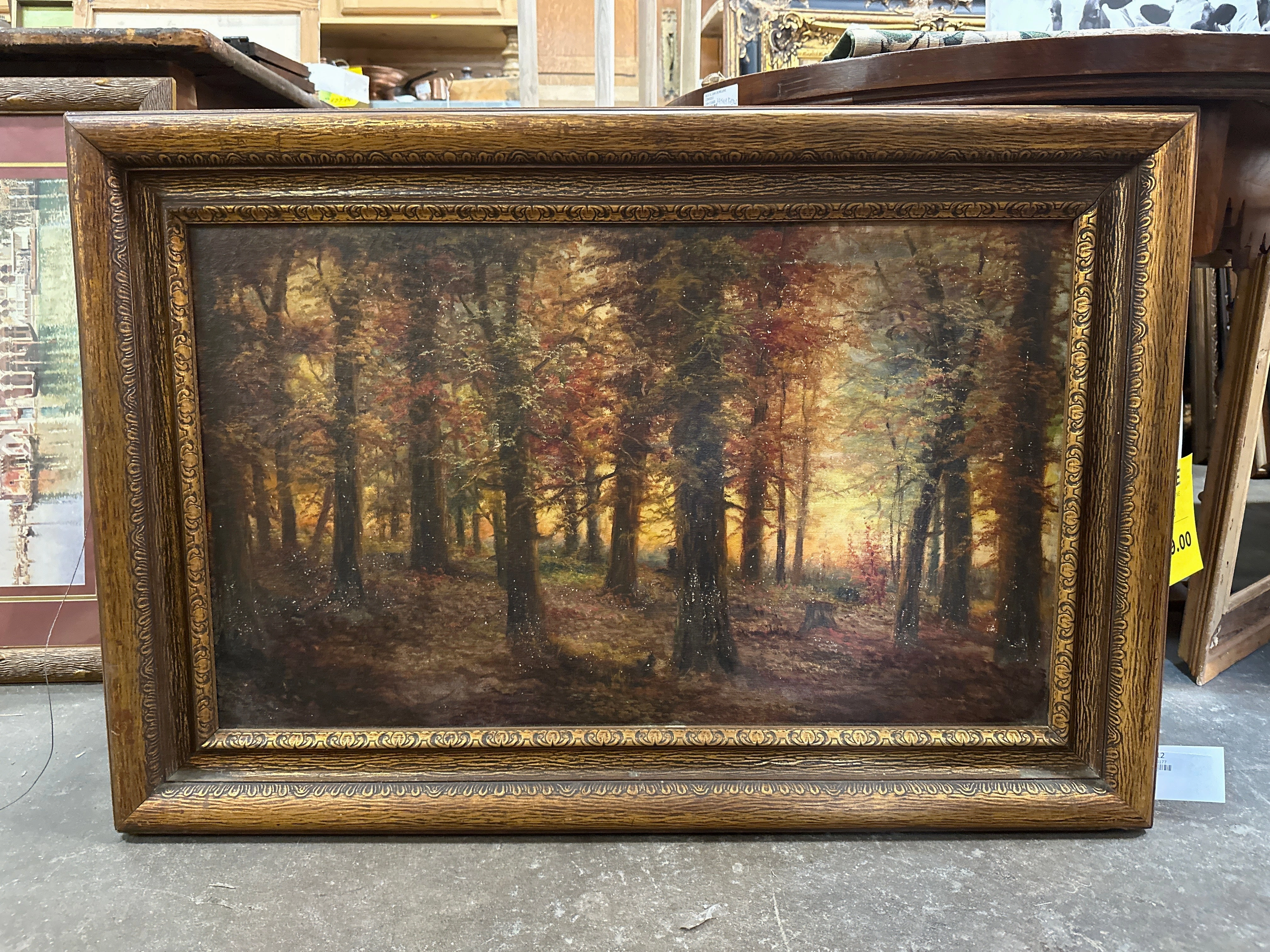 AUTUMN SYLVAN OIL PAINTING AS FOUND IN PERIOD FRAME classic mural painting