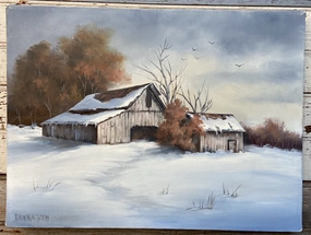 BARN IN SNOW SCENE PAINTING SIGNED DONNA BELL classic mural painting