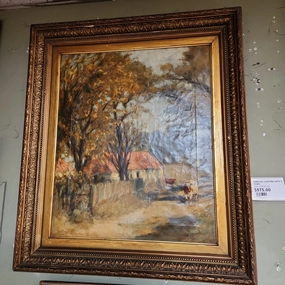 BARN OIL PAINTING WITH 2 COWS classic mural painting