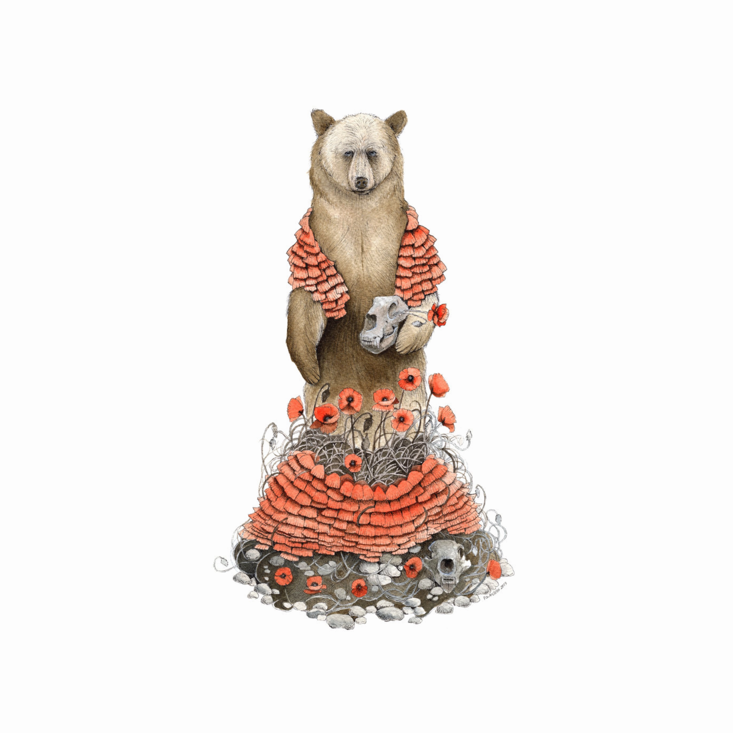 Bear and Poppies - Art Print framed wall decor