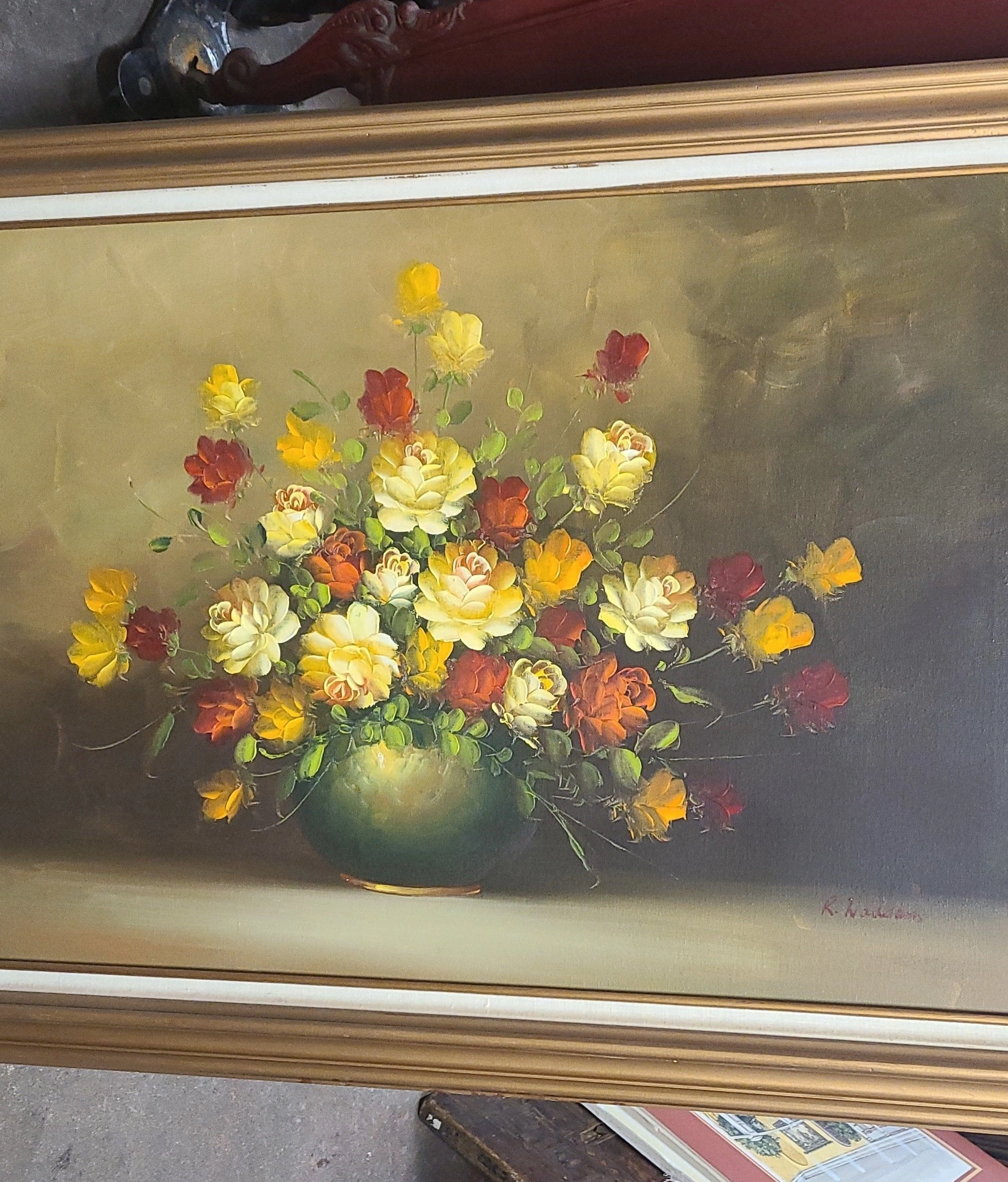 BEAUTIFUL LARGE DRAMATIC FLORAL PAINTING IN FRAME classic mural painting