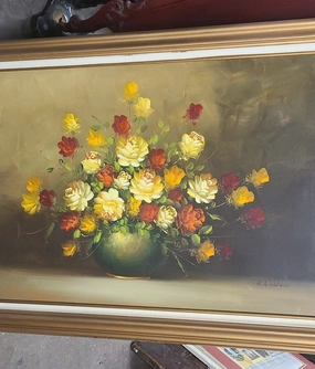 BEAUTIFUL LARGE DRAMATIC FLORAL PAINTING IN FRAME classic mural painting