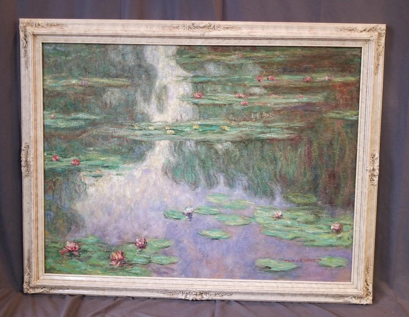 BEAUTIFUL OIL PAINTING OF LARGE LILY PAD POND IN THE STYLE OF MONET classic mural painting