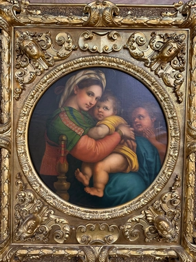 BEAUTIFULLY FRAMED VINTAGE OIL PAINTING OF MADONNA AND CHILD, AFTER RAPHAEL-FROM FLORENCE classic mural painting