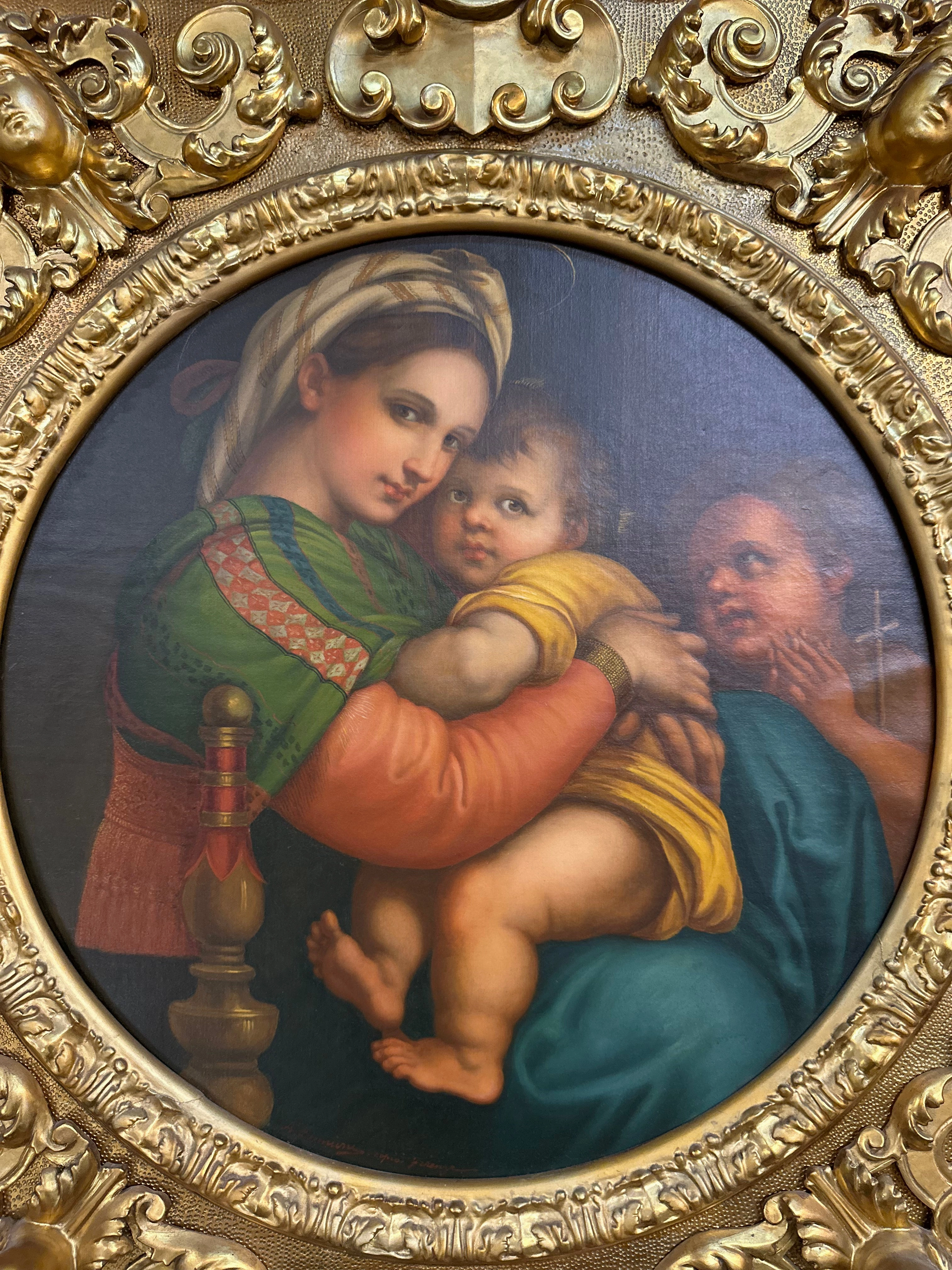 BEAUTIFULLY FRAMED VINTAGE OIL PAINTING OF MADONNA AND CHILD, AFTER RAPHAEL-FROM FLORENCE