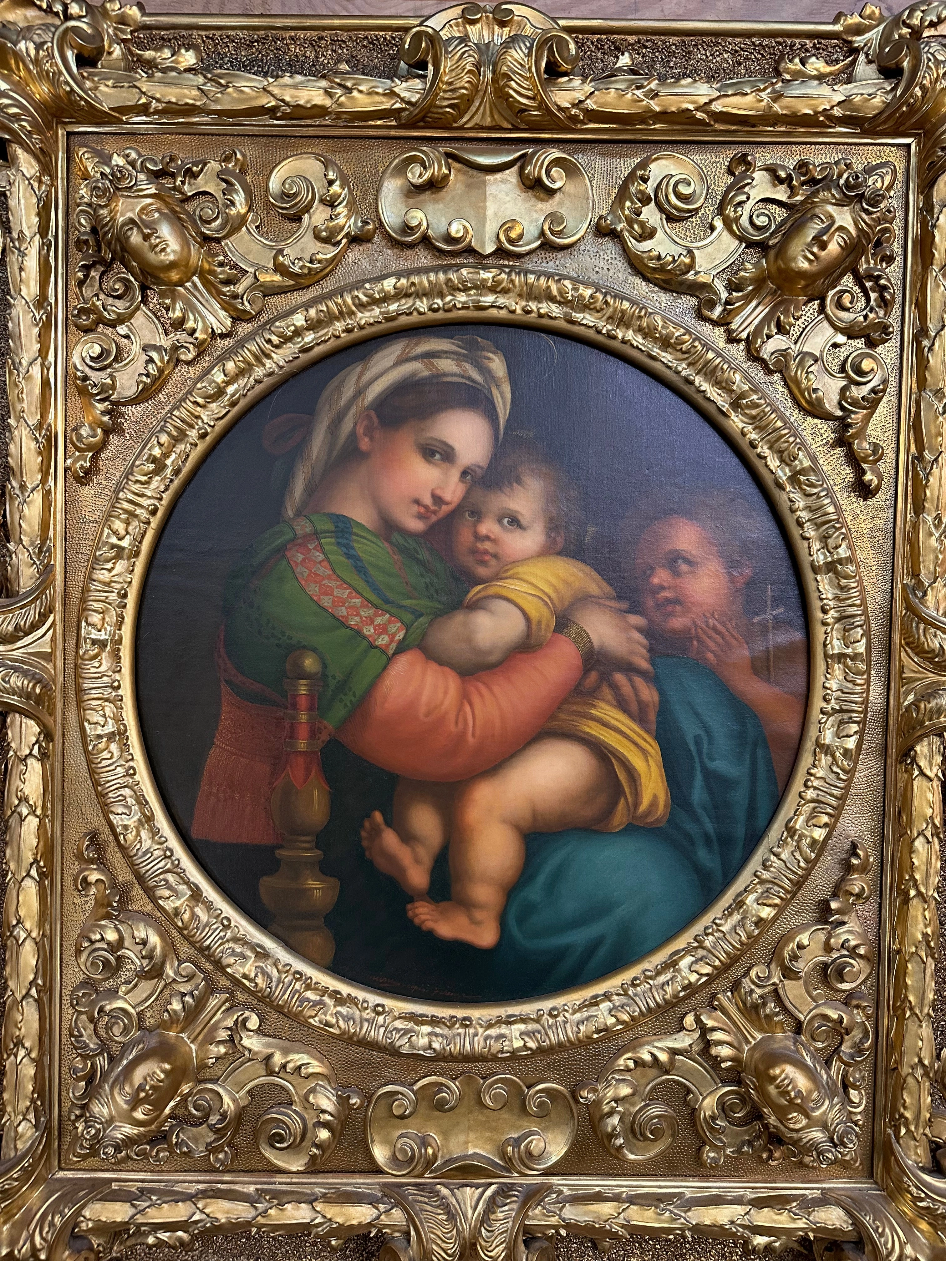 BEAUTIFULLY FRAMED VINTAGE OIL PAINTING OF MADONNA AND CHILD, AFTER RAPHAEL-FROM FLORENCE classic mural painting