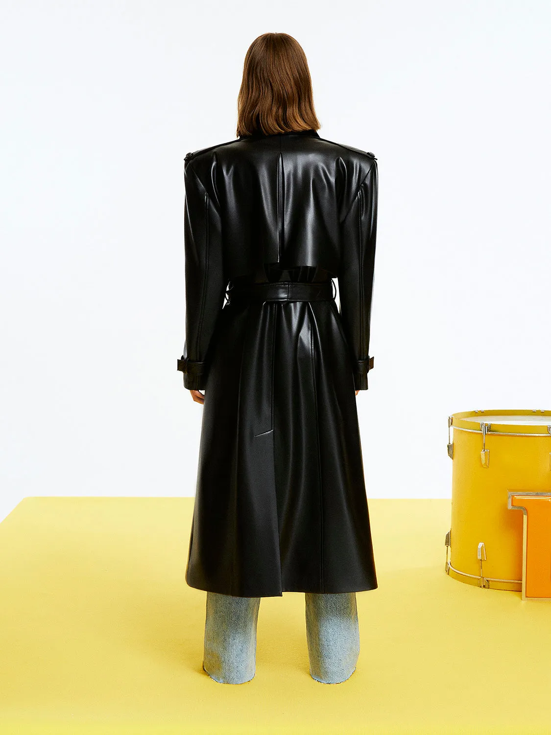 Gürteliger Übergroßer Leder-Trenchcoat