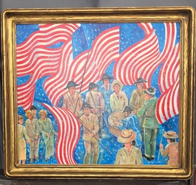 BICENTENNIAL OIL PAINTING WITH FLAGS-SIGNED HARDY MARTIN classic mural painting