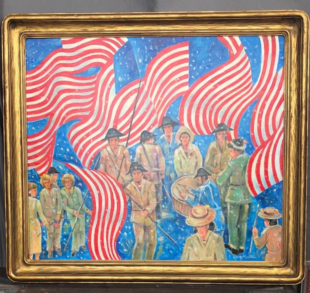 BICENTENNIAL OIL PAINTING WITH FLAGS-SIGNED HARDY MARTIN classic mural painting