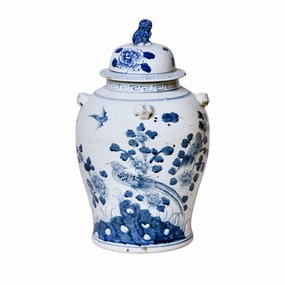 Bird and Flower Blue and White Porcelain Temple Jar home display ornament