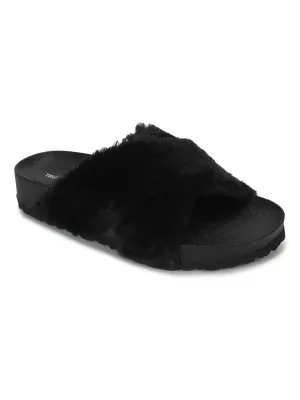 Schwarze flauschige Fell-Pantoffeln