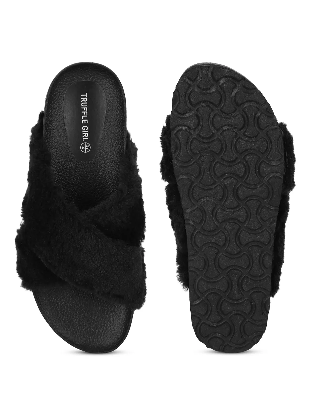 Schwarze flauschige Fell-Pantoffeln