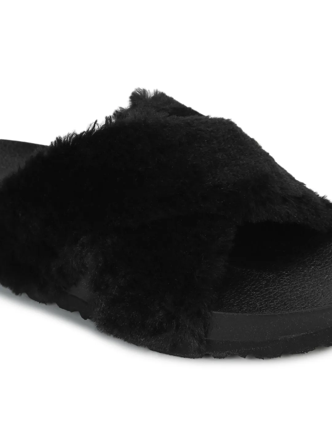 Schwarze flauschige Fell-Pantoffeln