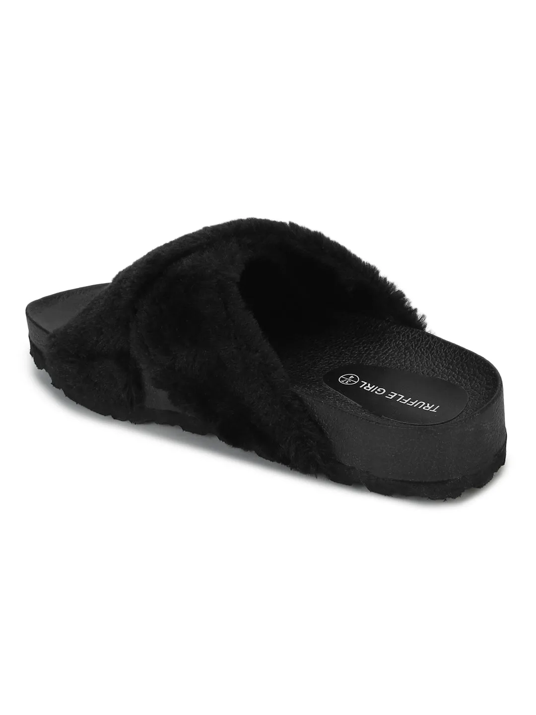 Schwarze flauschige Fell-Pantoffeln