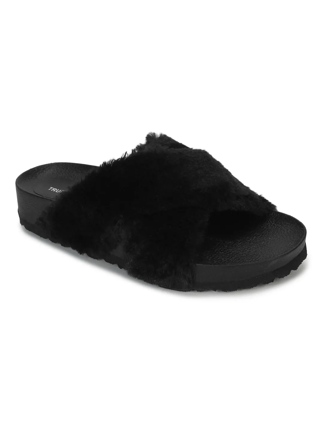 Schwarze flauschige Fell-Pantoffeln