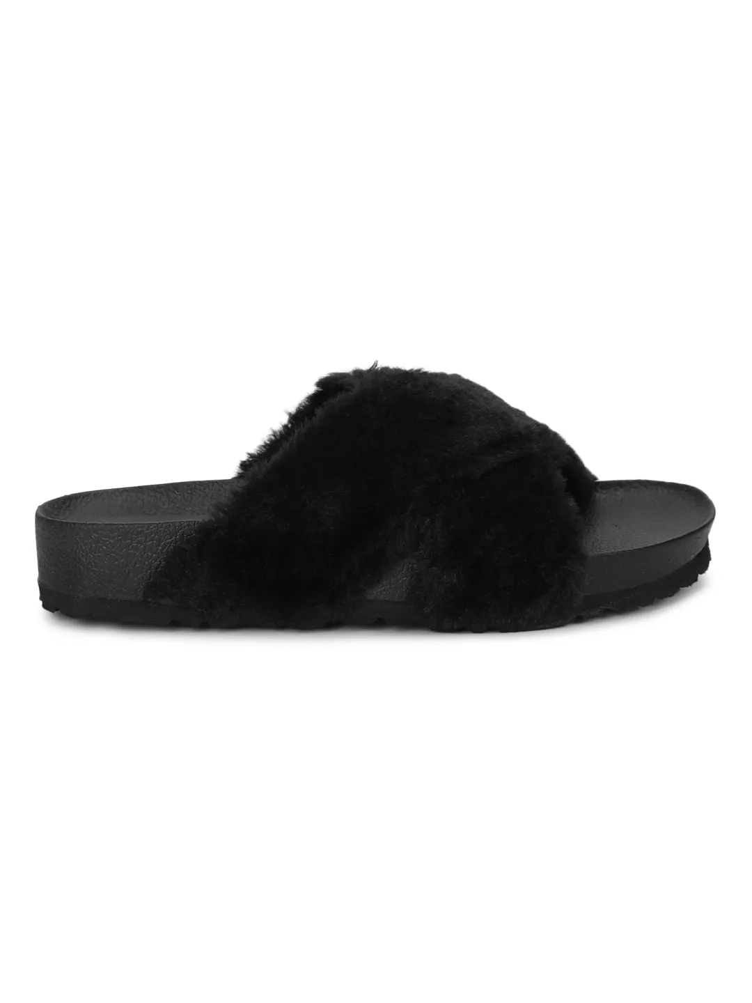 Schwarze flauschige Fell-Pantoffeln
