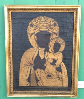 BLACK AND GOLD BEJEWELED MADONNA AND CHILD 18TH C. OIL PAINTING ON CANVAS classic mural painting