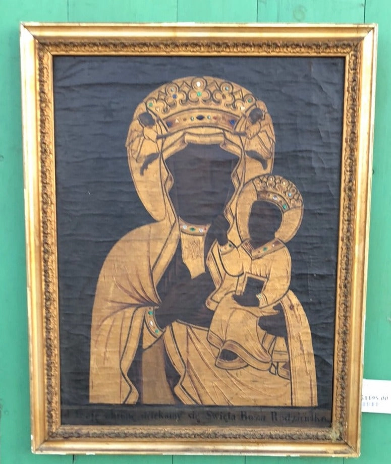 BLACK AND GOLD BEJEWELED MADONNA AND CHILD 18TH C. OIL PAINTING ON CANVAS classic mural painting