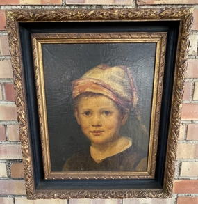 BLACK AND GOLD FRAMED OIL PAINTING PORTRAIT OF A YOUNG GIRL WITH CLOTH HEADWARE classic mural painting