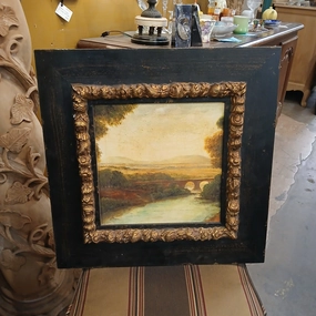 BLACK FRAMED OIL PAINTING LANDSCAPE WITH BRIDGE  IN BLACK FRAME classic mural painting
