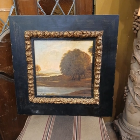 BLACK FRAMED OIL PAINTING OF TREES AND RIVER classic mural painting