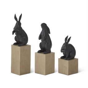 Black Resin Faux Cast Iron Rabbits on Wood Blocks ( Multiple Sizes ) interior room decor